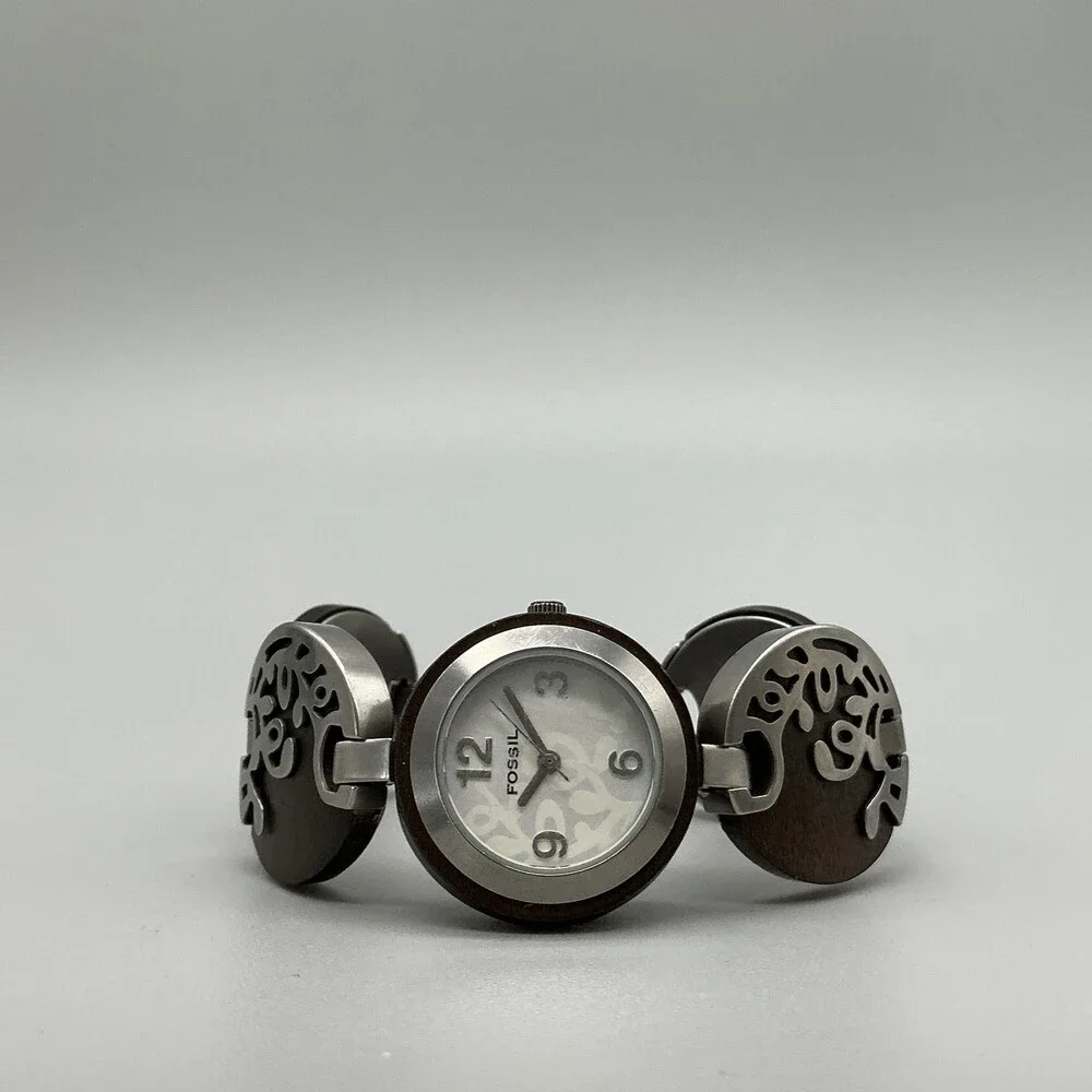 Fossil Women Watch 26mm White Dial Wood Stainless Band ES-2051 New Battery 6.25